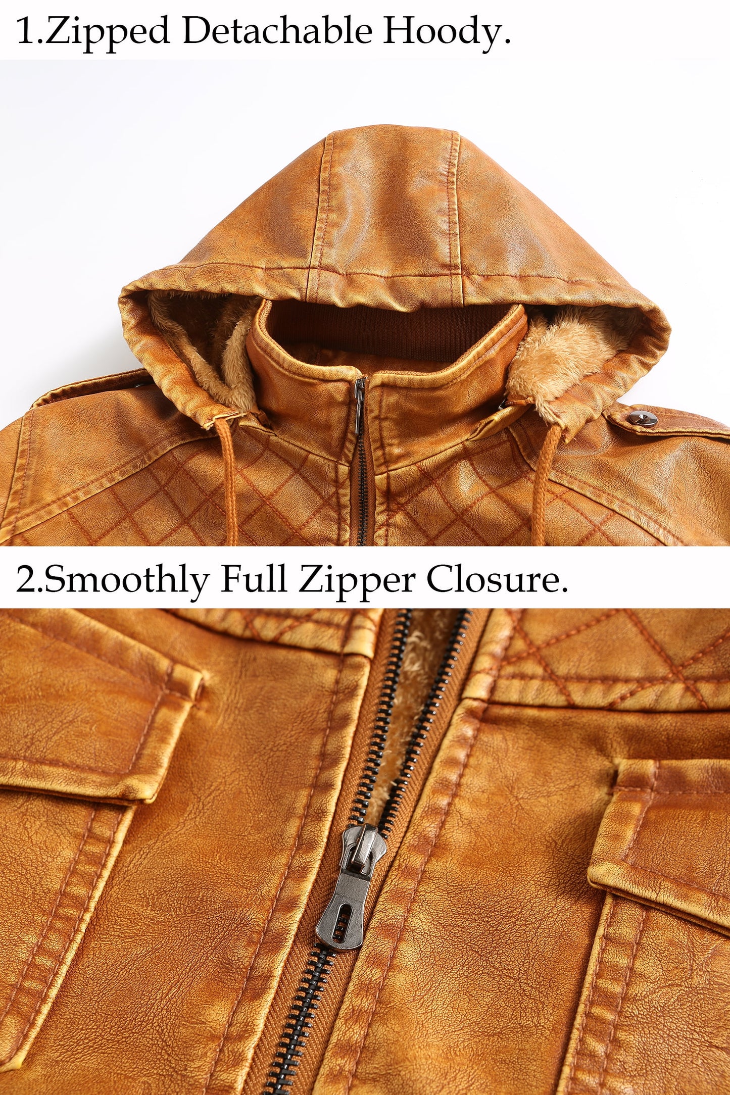 Men’S Leather Jacket and Coats Casual Stand Collar Vintage PU Faux Leather Zip-Up Motorcycle Bomber Jacket with Removable Hood Black S