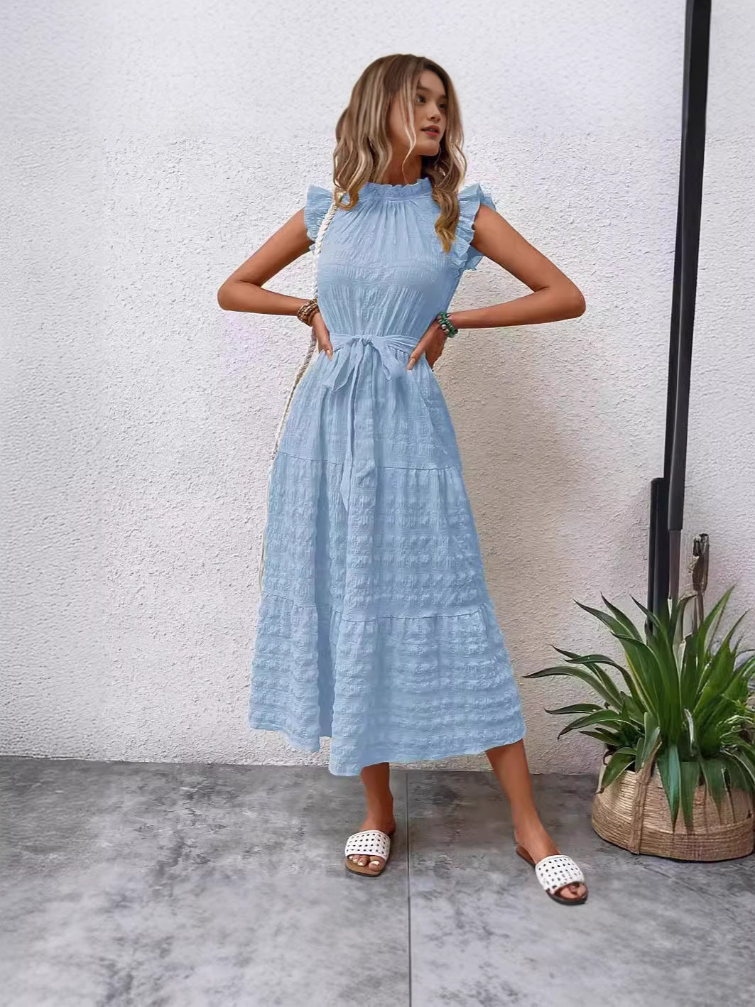 Womens Ruffled Sleeve Tie Textured Dress