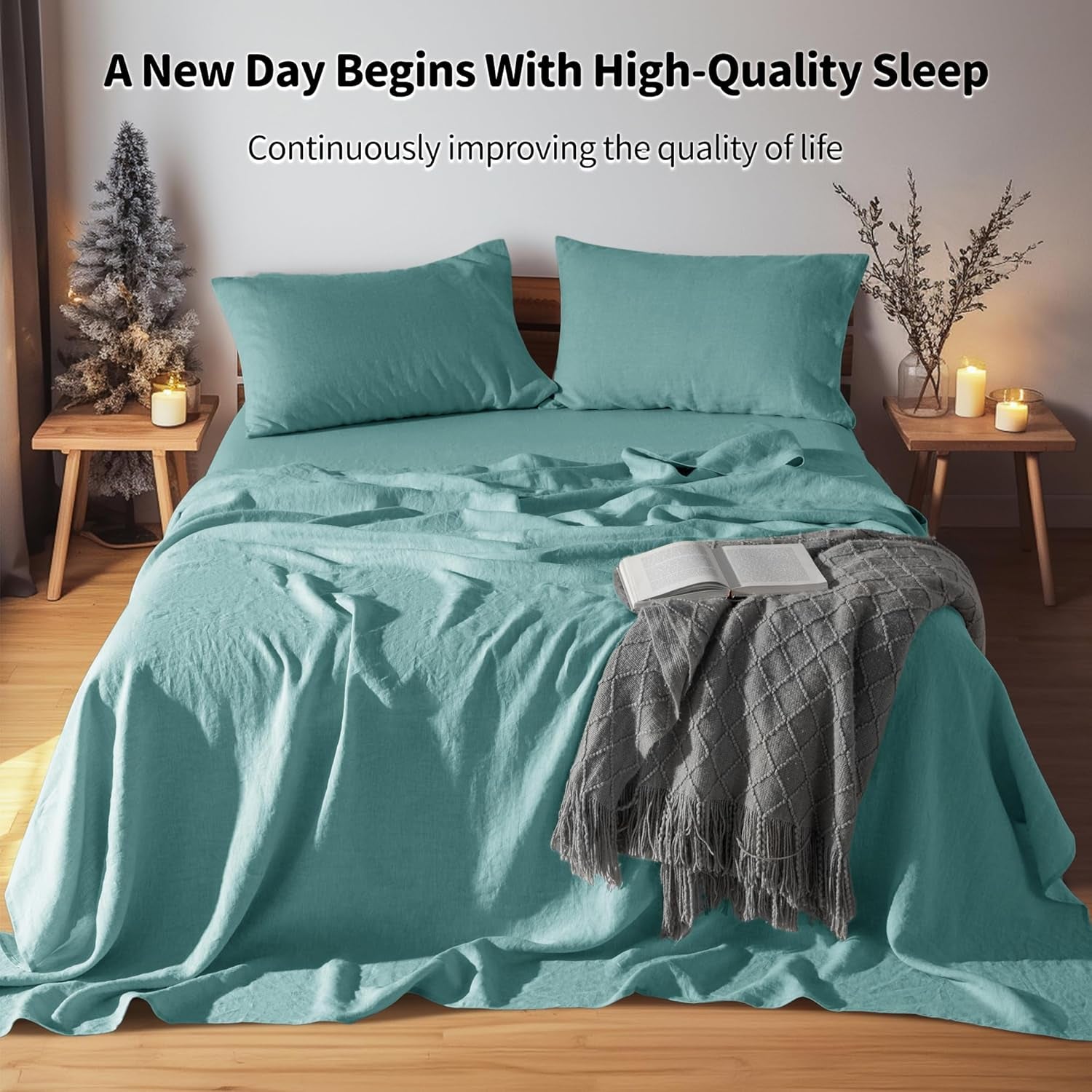 100% Pure Linen Sheet Set Deep Pocket up to 16" Bed Sheets Sets, Natural Flax Beddings Soft, Breathable, Comfortable for All Seasons Twin Size, Aqua