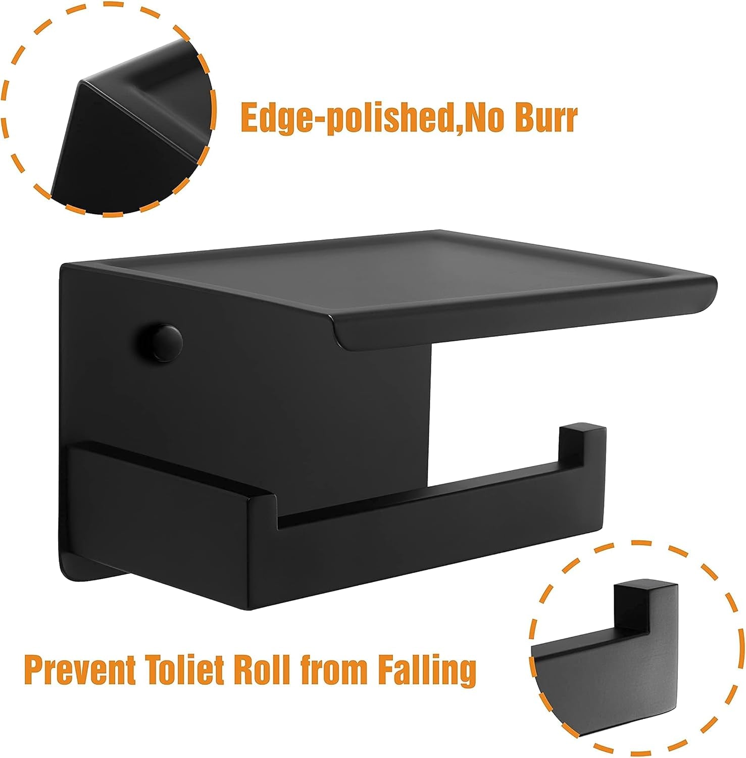 Toilet Paper Holder with Shelf, Stick on Matte Black Toilet Paper Roll Holder, Self Adhesive or Wall-Mount with Screws for Bathroom,Washroom