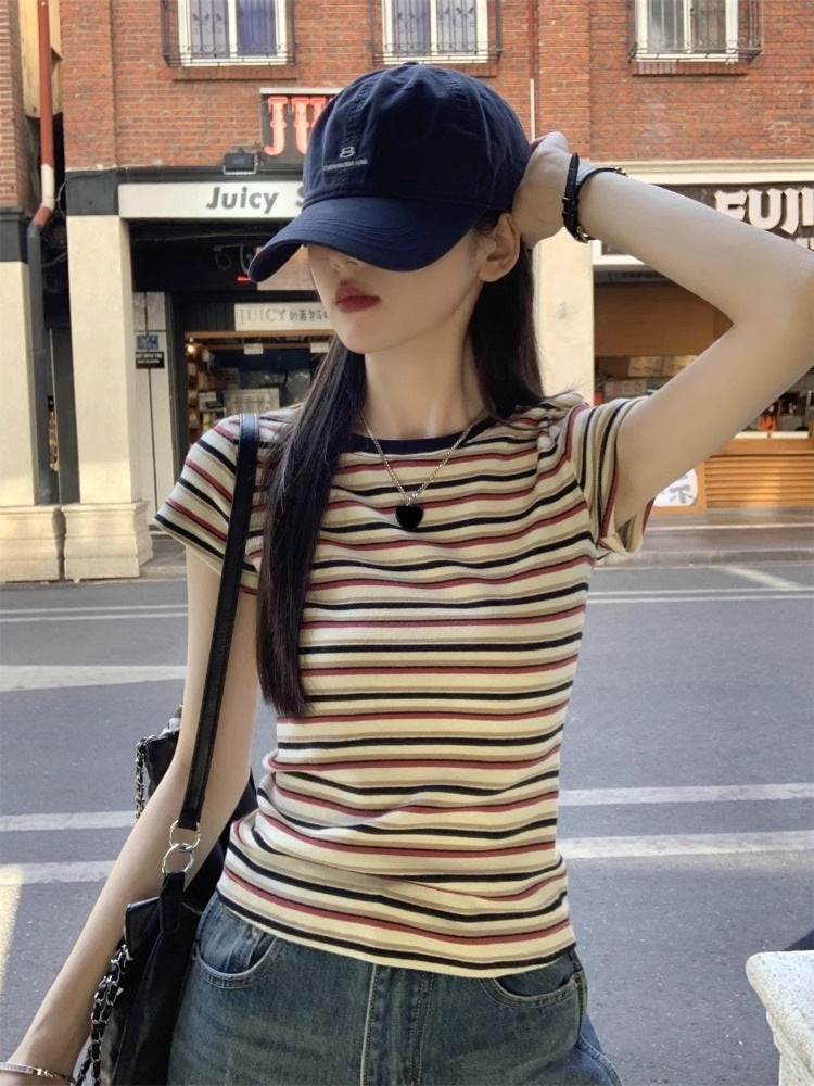 Retro Striped Short Sleeve T-Shirt for Women